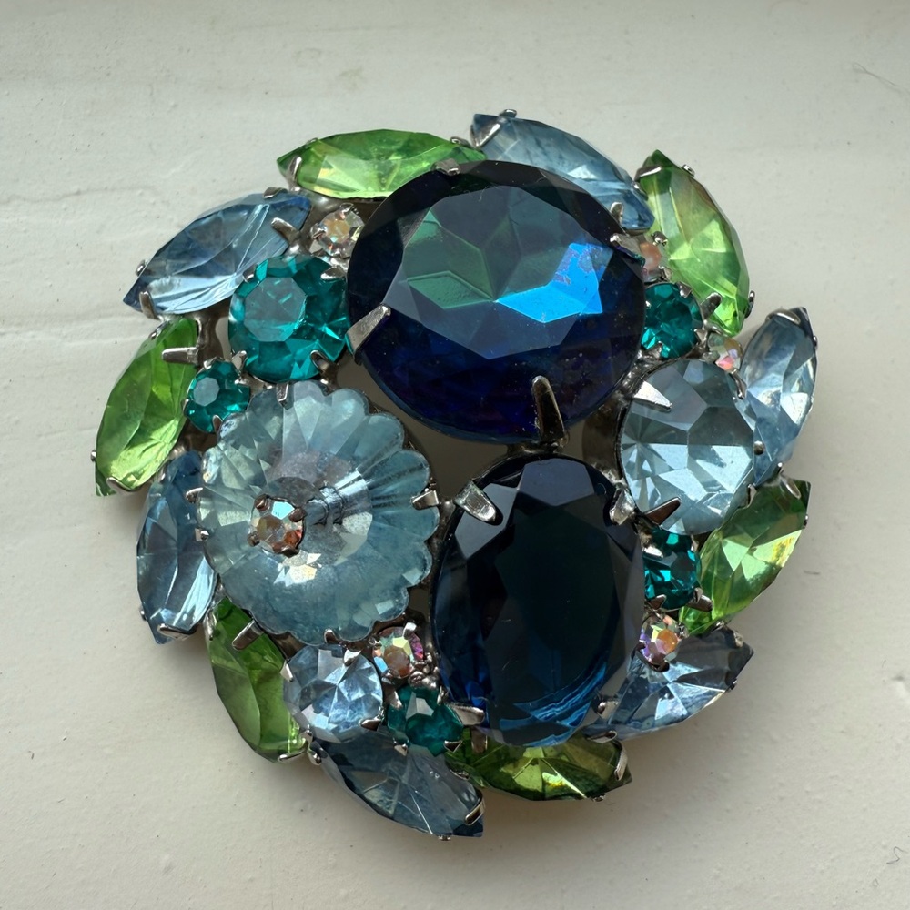 Juliana Blue and Green Silver tone  Rhinestone Brooch
